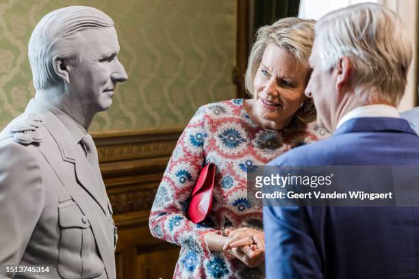 King Philip Of Belgium and Queen Mathilde attend the inauguration of their busts at the Belgian senate on July 4, 2023 in Brussels, Belgium. The new...