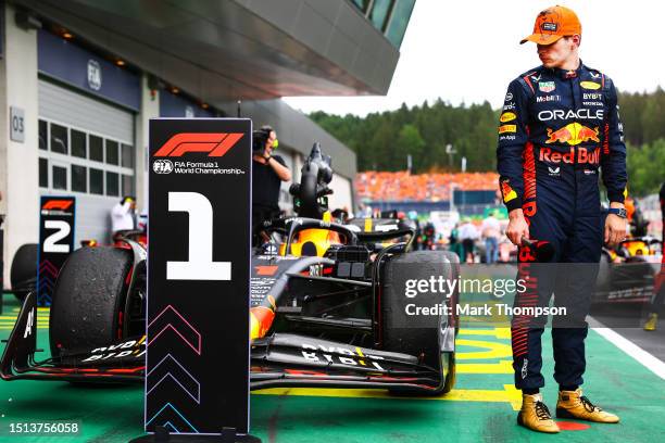 Race winner Max Verstappen of the Netherlands and Oracle Red Bull Racing looks on in parc ferme during the F1 Grand Prix of Austria at Red Bull Ring...