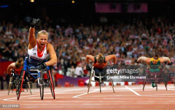 Hannah Cockroft of Great Britain wins gold in the Women's 200m - T34 Final on day 8 of the London 2012 Paralympic Games at Olympic Stadium on...