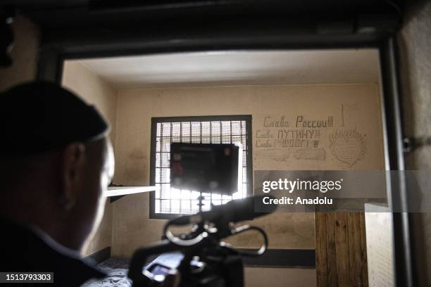 View of damage at a police station where the detainees allegedly tortured and ill-treated by the Russian forces in Kherson city center during a press...