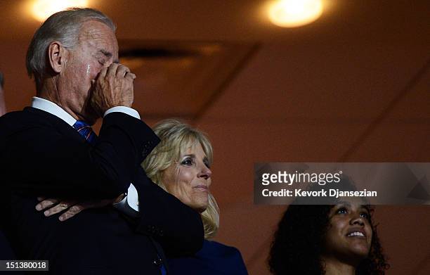 Democratic vice presidential candidate, U.S. Vice President Joe Biden, wiping his eye, and his wife Second lady Dr. Jill Biden watch as their son...