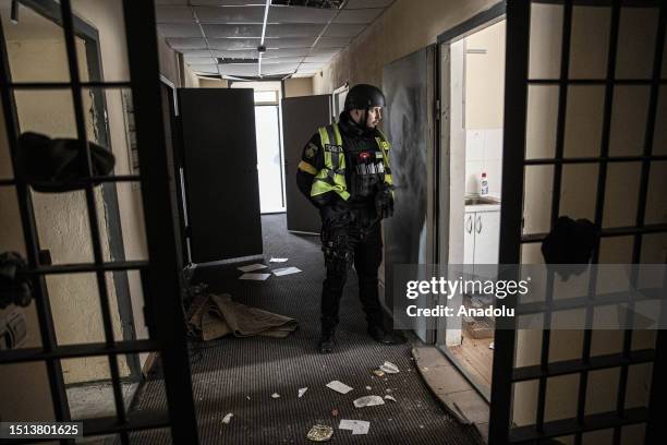 View of damage at a police station where the detainees allegedly tortured and ill-treated by the Russian forces in Kherson city center during a press...