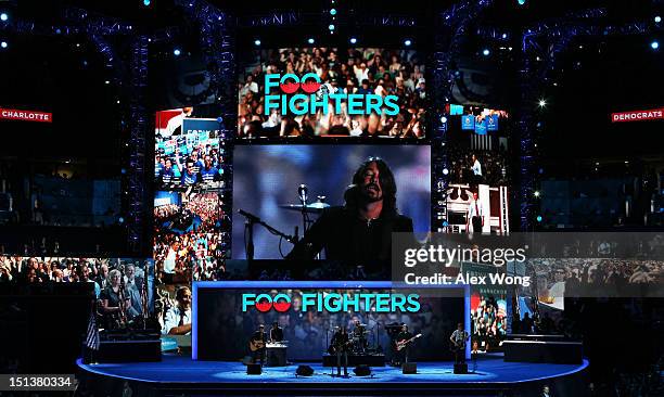 Musican Dave Grohl of the Foo Fighters performs during the final day of the Democratic National Convention at Time Warner Cable Arena on September 6,...