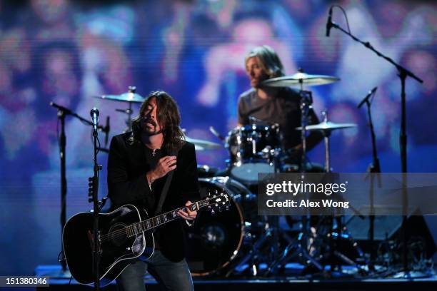 Musican Dave Grohl of the Foo Fighters performs during the final day of the Democratic National Convention at Time Warner Cable Arena on September 6,...