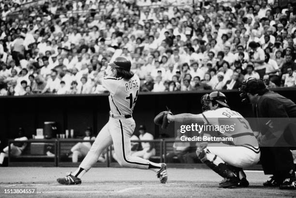Pete Rose for the Philadelphia Phillies bats against his former teammates, Cincinnati Reds, United States, 1st June 1979.