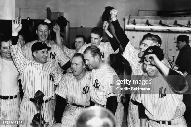 New York Yankees celebrate their 8-3 victory over the Chicago Cubs at the 1938 World Series tournament, New York, United States, 9th October 1938.