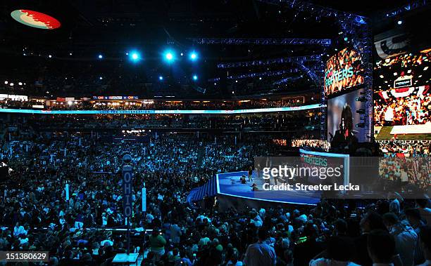Musican Dave Grohl of the Foo Fighters performs during the final day of the Democratic National Convention at Time Warner Cable Arena on September 6,...
