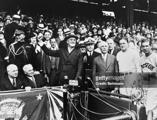 Gen. Farley, Bernard Baruch, Capt. Walter Vernou, Clark Griffith, Joe Cronin And Stanley Harris attend 1934 World Series game, held at the Griffith...
