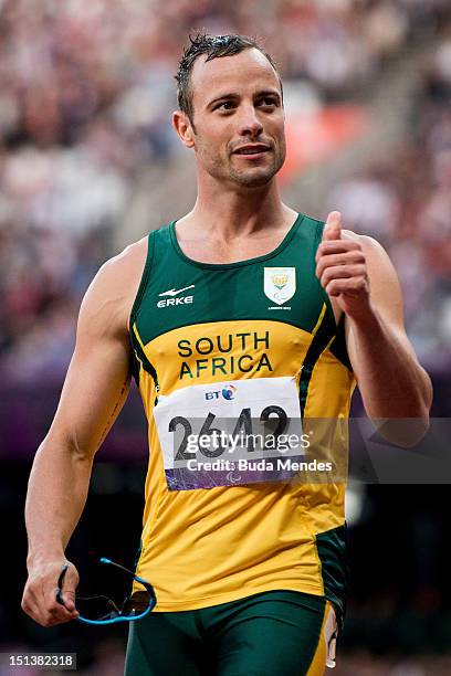 Oscar Pistorius of South Africa competes in the Men's 100m - T44 heat 2 on day 7 of the London 2012 Paralympic Games at Olympic Stadium on September...