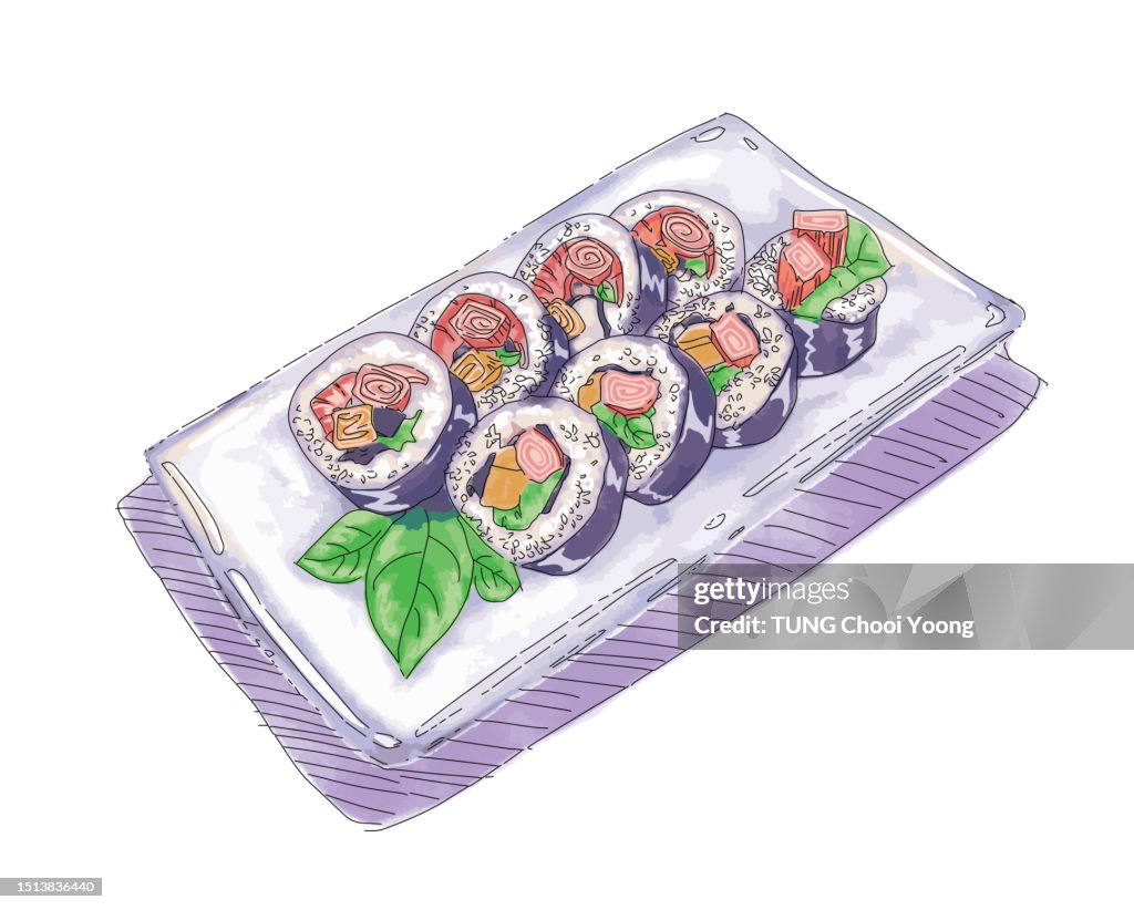 Sushi plate created by water colour effect. Vector illustration.