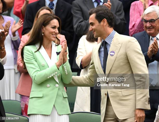 Catherine, Princess of Wales and Roger Federer court side on day two of the Wimbledon Tennis Championships at the All England Lawn Tennis and Croquet...