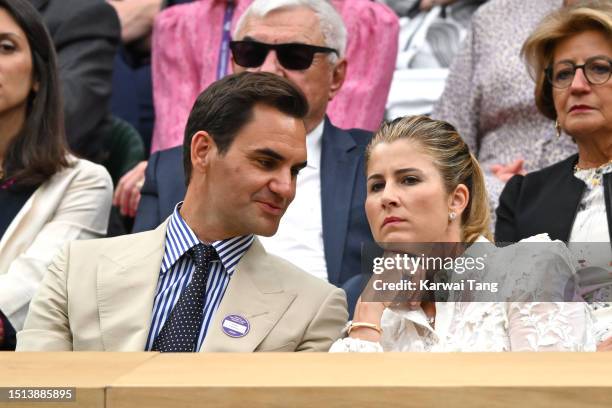 Roger Federer and Mirka Federer court side on day two of the Wimbledon Tennis Championships at the All England Lawn Tennis and Croquet Club on July...