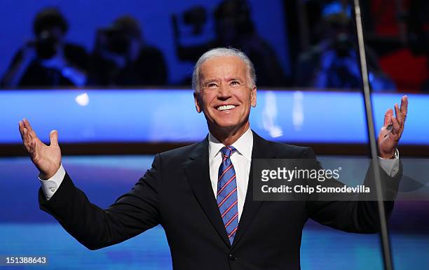 Democratic vice presidential candidate, U.S. Vice President Joe Biden walks on stage during the final day of the Democratic National Convention at...