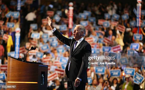 Democratic vice presidential candidate, U.S. Vice President Joe Biden waves on stage during the final day of the Democratic National Convention at...