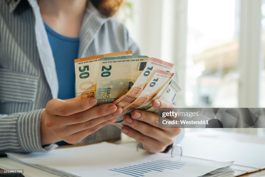 Young woman counting currency at home
