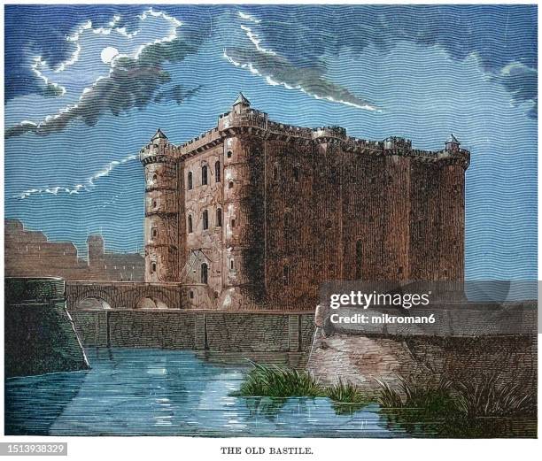 old engraving illustration of the old bastille ( bastille saint-antoine) - bastille saint antoine parijs stockfoto's en -beelden