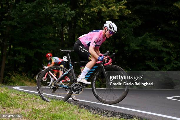 Annemiek Van Vleuten of The Netherlands and Movistar Team - Pink Leader Jersey after being involved in a crash during the 34th Giro d'Italia Donne...