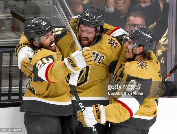 Chandler Stephenson, Mark Stone and Brett Howden of the Vegas Golden Knights celebrate a goal by Stone against the Florida Panthers in the second...