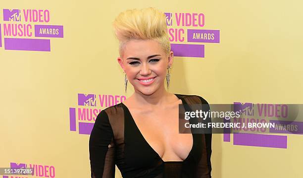 Miley Cyrus poses on arrival on the red carpet for the MTV Video Music Awards in Los Angeles on September 6, 2012 in California. AFP PHOTO / Frederic...