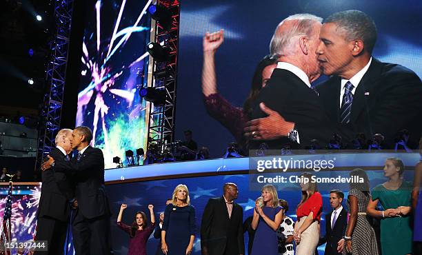 Democratic presidential candidate, U.S. President Barack Obama and Democratic vice presidential candidate, U.S. Vice President Joe Biden greet each...