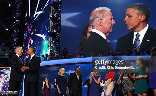 Democratic presidential candidate, U.S. President Barack Obama and Democratic vice presidential candidate, U.S. Vice President Joe Biden greet each...