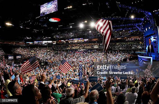 Democratic presidential candidate, U.S. President Barack Obama speaks on stage after accepting the nomination during the final day of the Democratic...