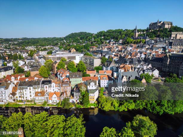 drone view of marburg, germany - marburg germany stock pictures, royalty-free photos & images