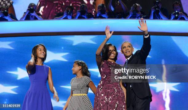 President Barack Obama, First Lady Michelle Obama, daughters Malia and Sasha wave after Obama's nomination acceptance speech at the Time Warner Cable...