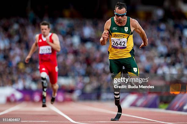 Oscar Pistorius of South Africa competes in the Men's 100m - T44 heat 2 on day 7 of the London 2012 Paralympic Games at Olympic Stadium on September...