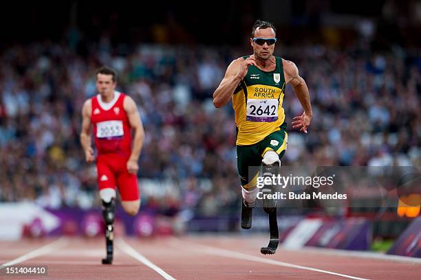 Oscar Pistorius of South Africa competes in the Men's 100m - T44 heat 2 on day 7 of the London 2012 Paralympic Games at Olympic Stadium on September...