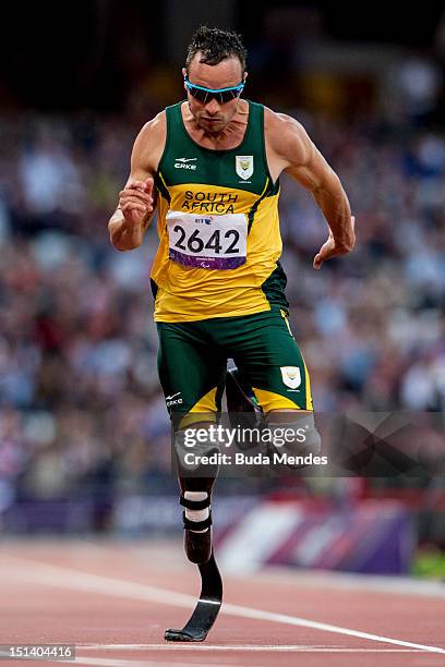 Oscar Pistorius of South Africa competes in the Men's 100m - T44 heat 2 on day 7 of the London 2012 Paralympic Games at Olympic Stadium on September...