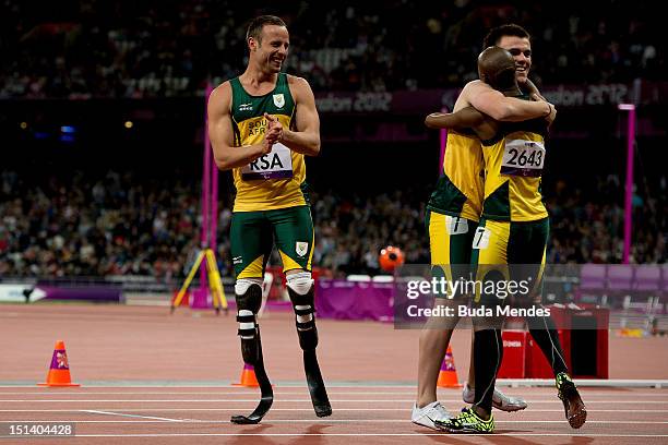 Oscar Pistorius of South Africa after win in the Men's 100m - T44 heat 2 on day 7 of the London 2012 Paralympic Games at Olympic Stadium on September...