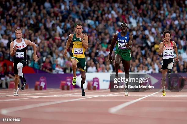 Andre Oliveira of Brazil competes in the Men's 100m - T44 heat 3 on day 7 of the London 2012 Paralympic Games at Olympic Stadium on September 5, 2012...