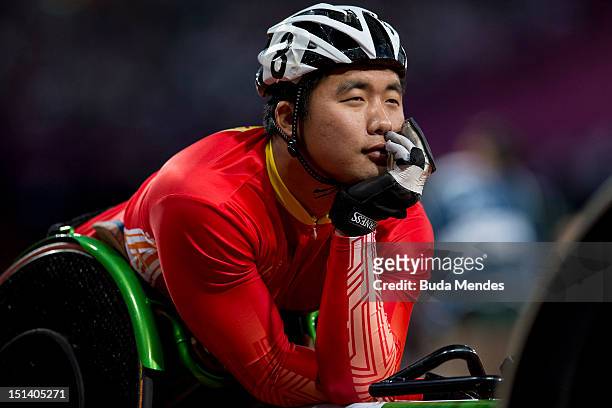Huzhao Li of China look on prior to the Men's 800m T53 Final on day 7 of the London 2012 Paralympic Games at Olympic Stadium on September 5, 2012 in...