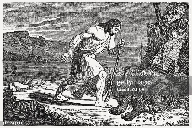 samson's riddle (judges 14), wood engraving, published in 1835 - old testament stock illustrations