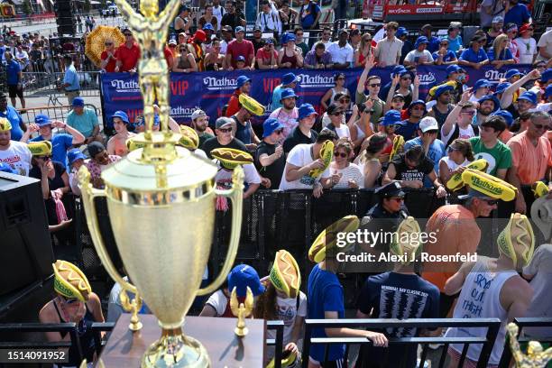 Spectators look on ahead of the 2023 Nathan's Famous Fourth of July International Hot Dog Eating Contest at Coney Island on July 04, 2023 in the...