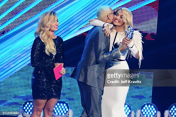 Singers Demi Lovato, Chris Brown and Rita Ora onstage during the 2012 MTV Video Music Awards at Staples Center on September 6, 2012 in Los Angeles,...