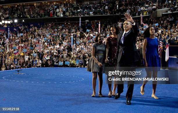 President Barack Obama leaves with his family, Sasha Obama , US First Lady Michelle Obama and Malia Obama after addressing the final day of the 2012...