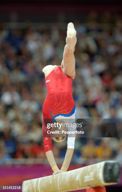 Victoria Komova of Russia competes on the beam during the Artistic Gymnastics Women's Beam final on Day 11 of the London 2012 Olympic Games at North...