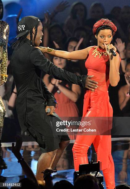 Singer Rihanna and rapper A$AP Rocky perform onstage during the 2012 MTV Video Music Awards at Staples Center on September 6, 2012 in Los Angeles,...