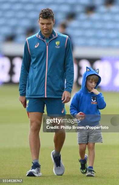 Alex Carey of Australia with his son Louis Carey during a training session before the 3rd Test between England and Australia at Headingley on July...