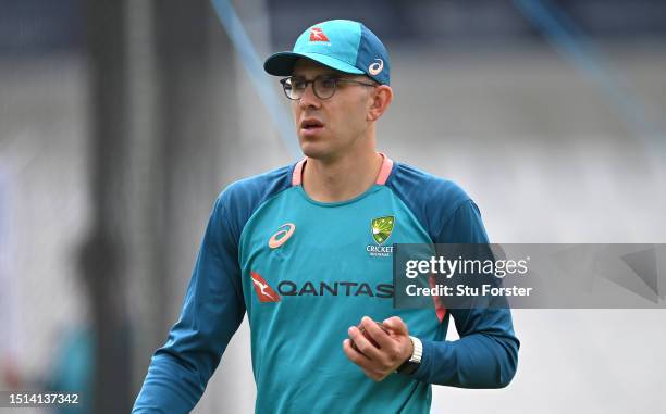 Australia spin bowler Todd Murphy looks on during Australia nets ahead of the Third LV= Ashes Test Match at Headingley on July 04, 2023 in Leeds,...