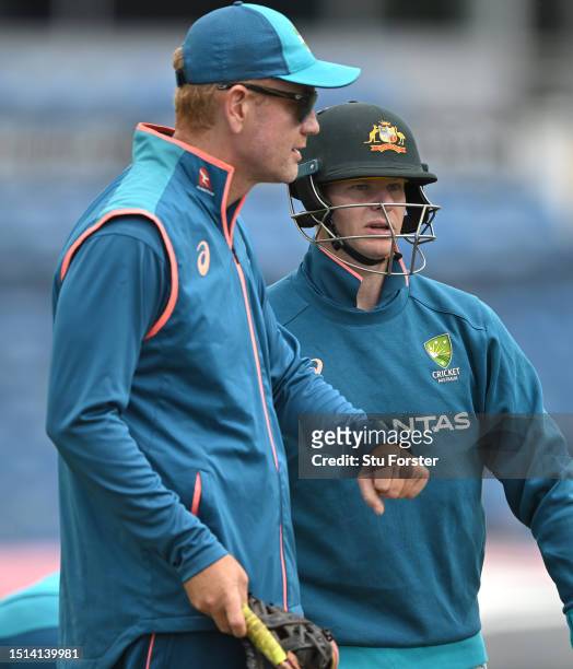 Australia batter Steve Smith looks on with coach Andrew McDonald during Australia nets ahead of his 100th Test Match, the Third LV= Ashes Test Match...