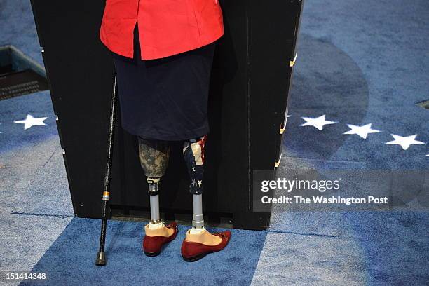 Detail of the prothetic legs of Illinois nominee for Congress Tammy Duckworth as she speaks during the 2012 Democratic National Convention on...