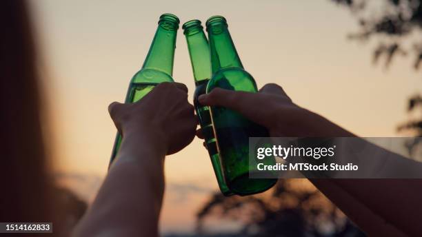 nahaufnahme silhouetten gruppe von glücklichen asiatischen freunden, die spaß haben, trinken flaschenbier zusammen im urlaub mit camping-wohnwagen bei sonnenuntergang. lifestyle reisen natur. - bierflasche stock-fotos und bilder