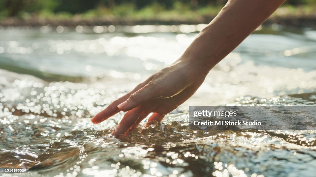Closeup hand woman touching water in the forest river in vacation with camping at morning. Lifestyle travel nature.
