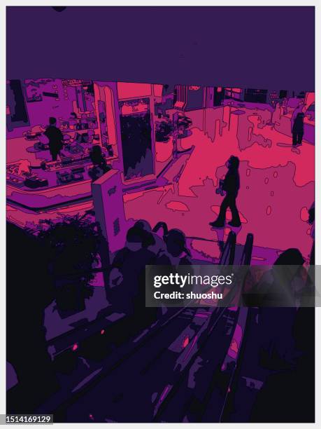 outline style neon colors metaverse cartoon indoor scene,interior space of department store - storefront-for-art-and-architecture stock illustrations