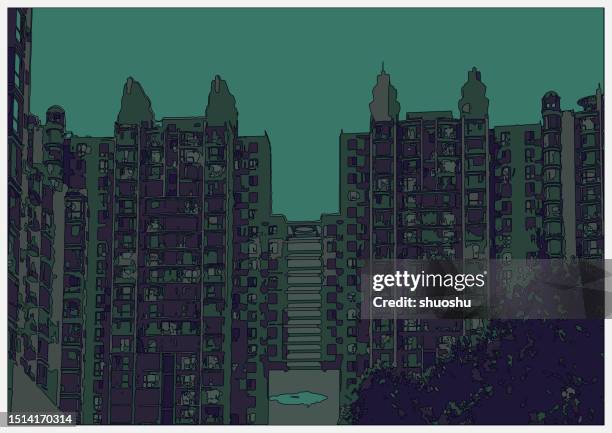 outline style neon colors metaverse cartoon outdoor scene,modern residential building in city - house line art stock illustrations