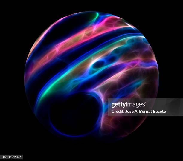 geometric figure in the form of a sphere with trails of light inside on a black background. - the void fotografías e imágenes de stock