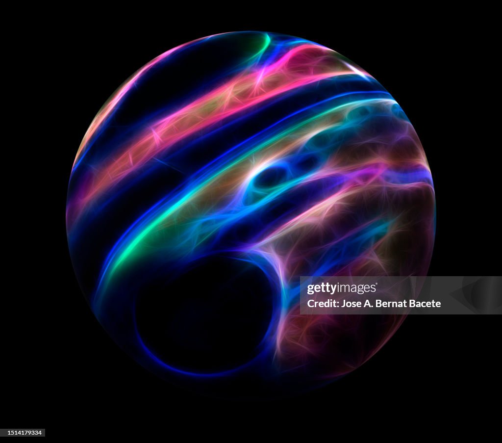 Geometric figure in the form of a sphere with trails of light inside on a black background.